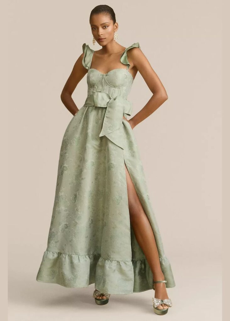 green black tie wedding guest gown from Anthropologie