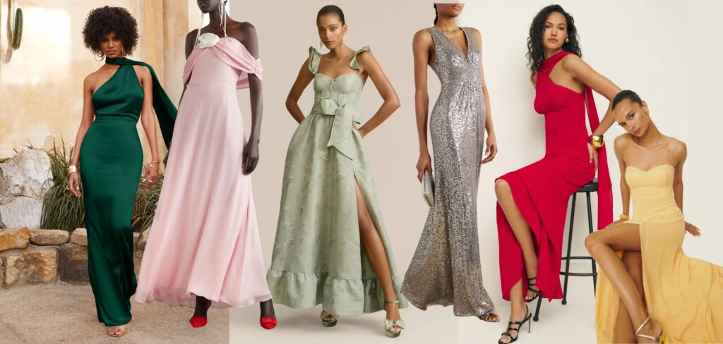 header with 6 wedding guest dresses for a black tie event